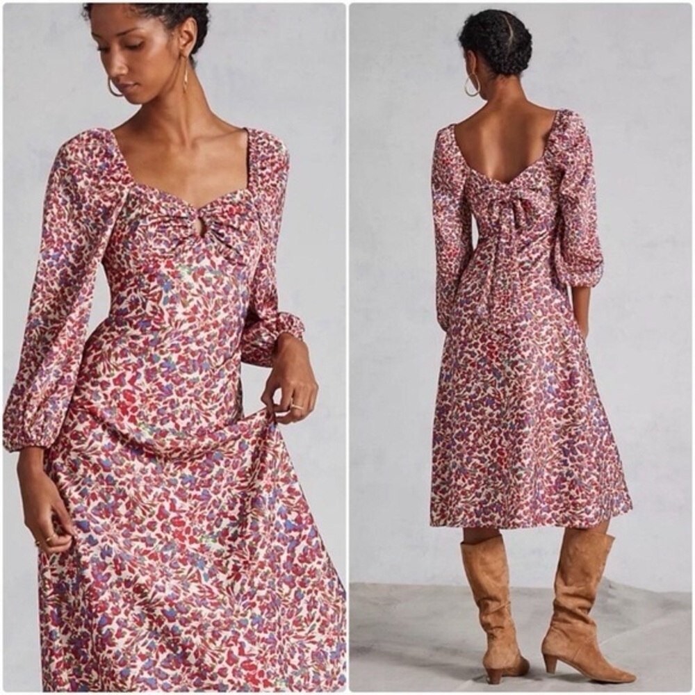 Sachin & Babi X Anthropologie Floral Midi Dress with Bow Red Blue Green Size 0